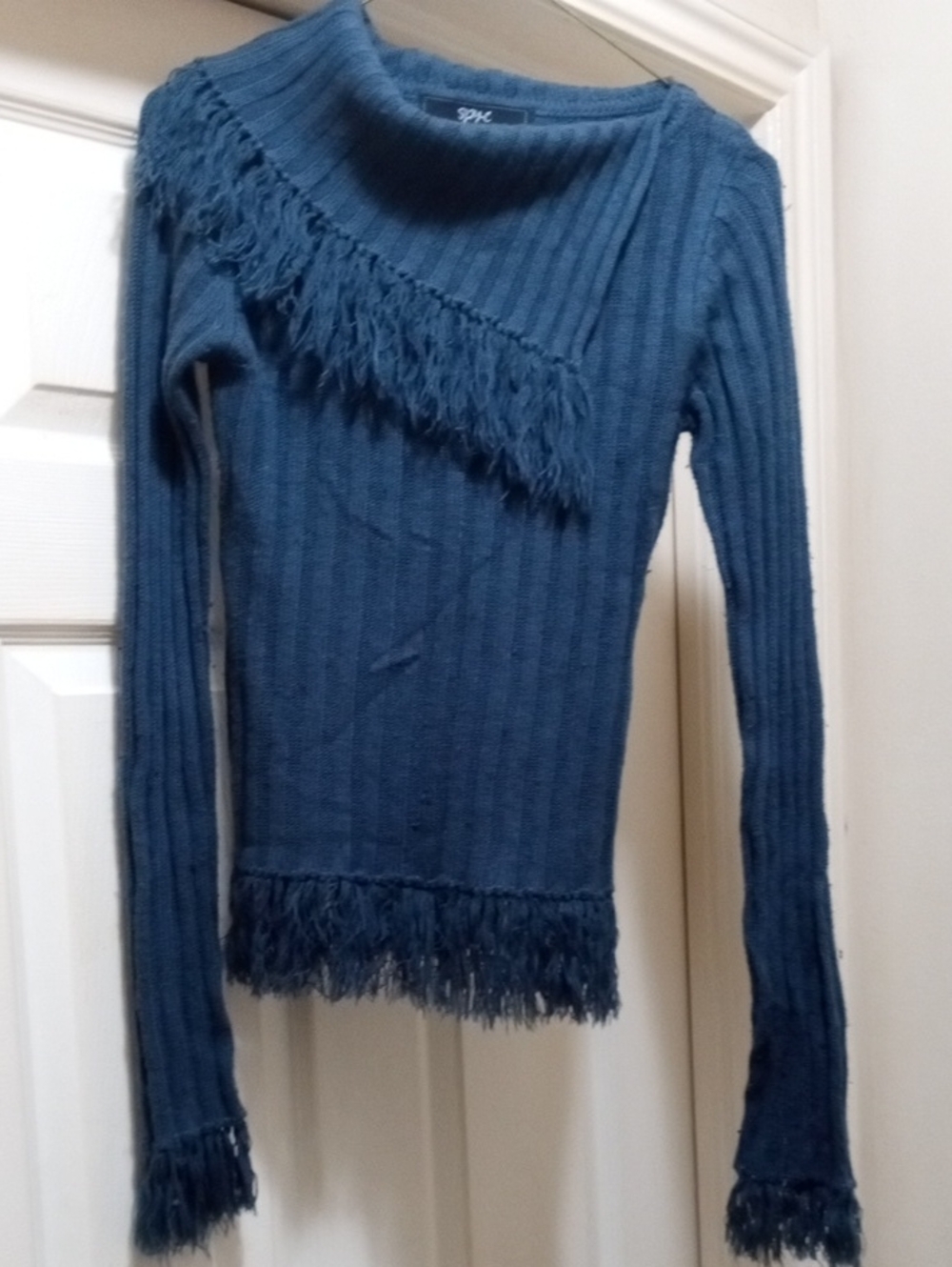 Blue Fringe Ribbed Women’s Sweater